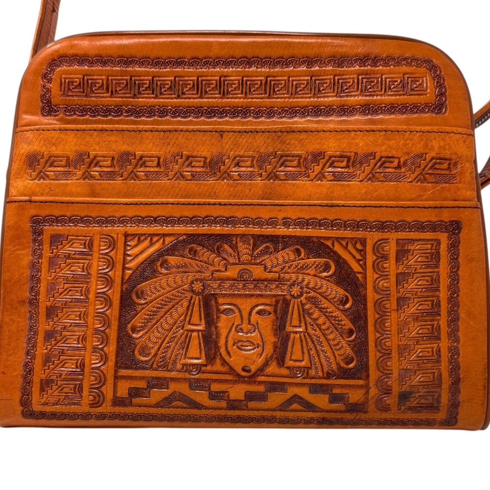 Vintage Mexican Hand Tooled Leather Shoulder Bag Aztec Mayan Warrior Sun Purse - Picture 4 of 13